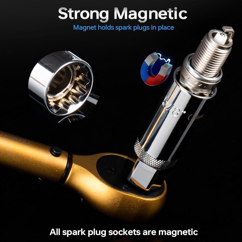 YIYEIE 10PCS Full Magnetic Spark Plug Socket Set with 3/8" Drive Torque Wrench (5-50 FT.LB/6.8-67.8Nm), Swivel Magnetic Spark Plug Removal Kit Includes 14, 16, 18mm& 9/16, 5/8, 3/4, 13/16 Inch Sockets - Image 2